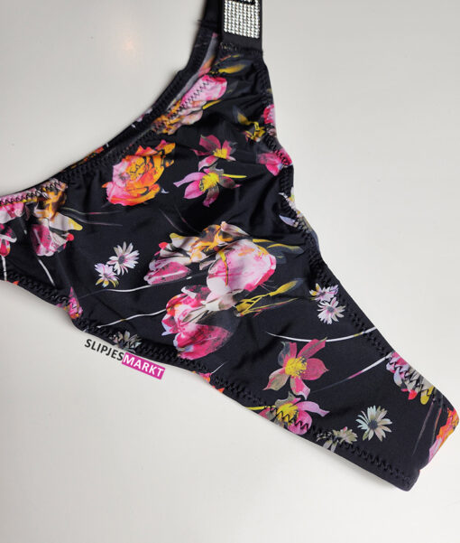 Zwart gebloemde nylon string met strass steentjes - Afbeelding 4