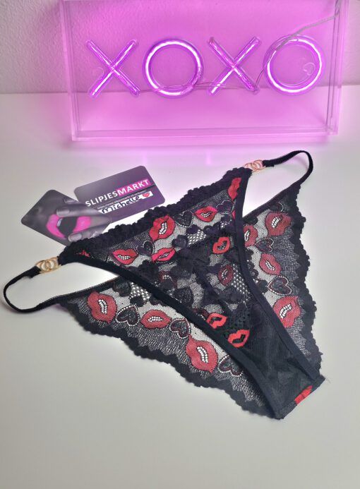 Valentine's - Zwart kanten slipje met kuslipjes
